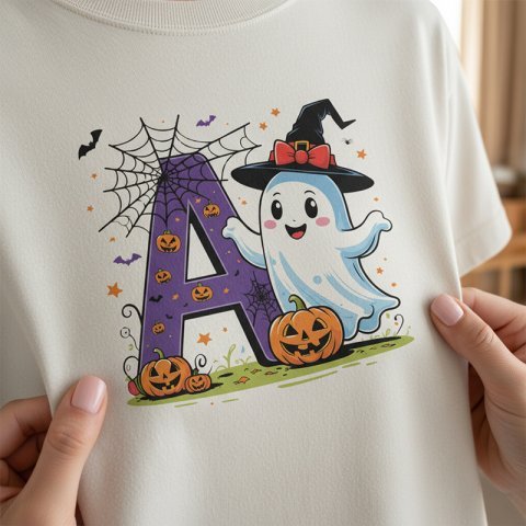 Cadılar Bayramı Temalı "A" Harfi ve Sevimli Hayalet İllüstrasyonu