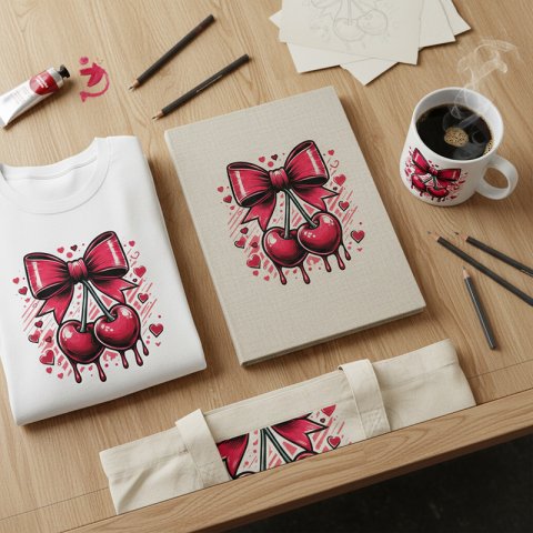 Kalp Şeklinde Kirazlar ve Büyük Fiyonk İllüstrasyonu - Sublimasyon ve Dijital Tasarım