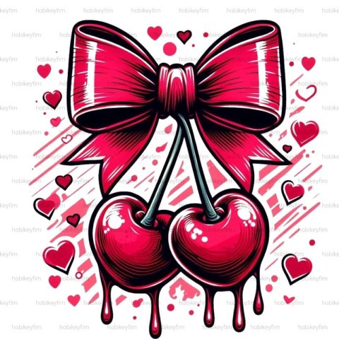 Kalp Şeklinde Kirazlar ve Büyük Fiyonk İllüstrasyonu - Sublimasyon ve Dijital Tasarım