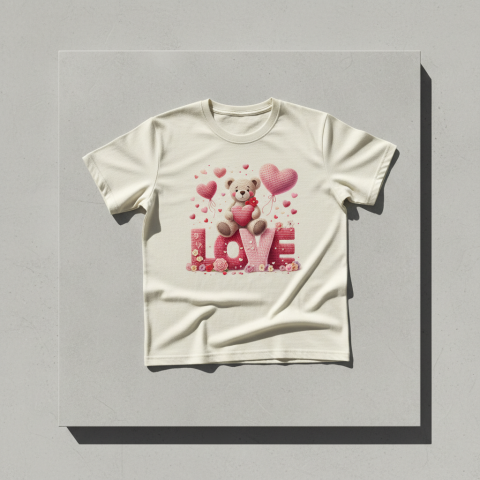 Sevimli Pembe Ayıcık ve Kalp İllüstrasyonu - Süblimasyon ve Dijital Baskı İçin Hazır