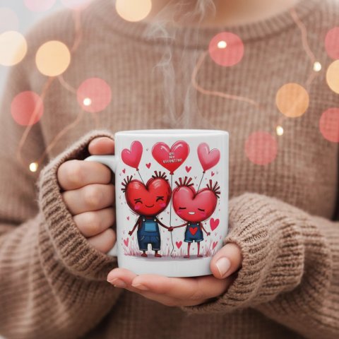 "Be My Valentine" Kalp Karakterli Kupa Tasarımı - Süblimasyon Baskı İçin Hazır PNG