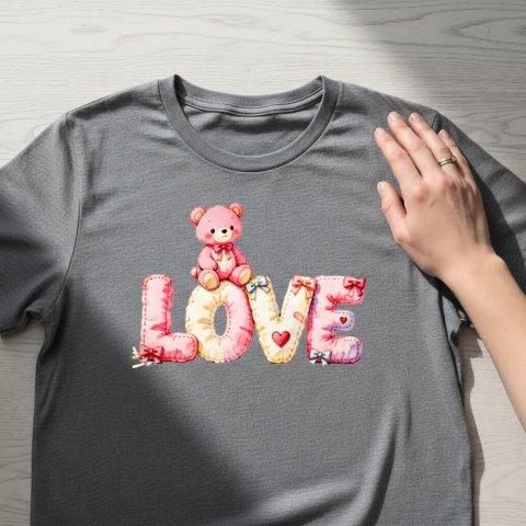 Kişiye Özel Pembe Peluş Ayı Tasarımlı LOVE Baskı Dosyası | Sublimasyon PNG