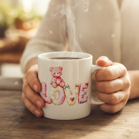 Kişiye Özel Pembe Peluş Ayı Tasarımlı LOVE Baskı Dosyası | Sublimasyon PNG