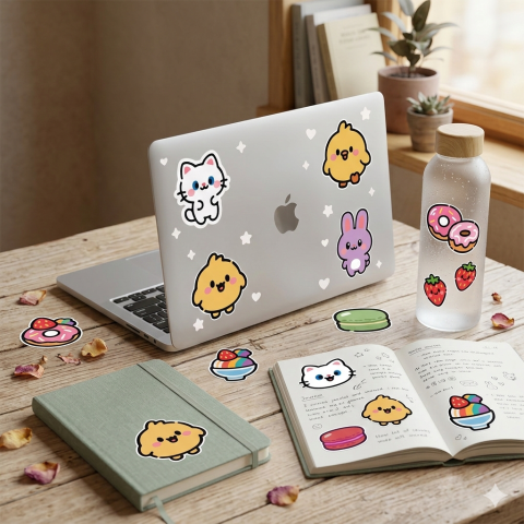 Kawaii Sevimli Hayvan ve Tatlı Yiyecek Çıkartma Seti Vektör İllüstrasyonu