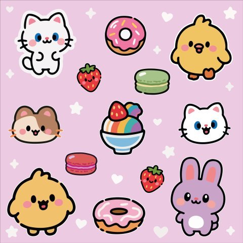 Kawaii Sevimli Hayvan ve Tatlı Yiyecek Çıkartma Seti Vektör İllüstrasyonu