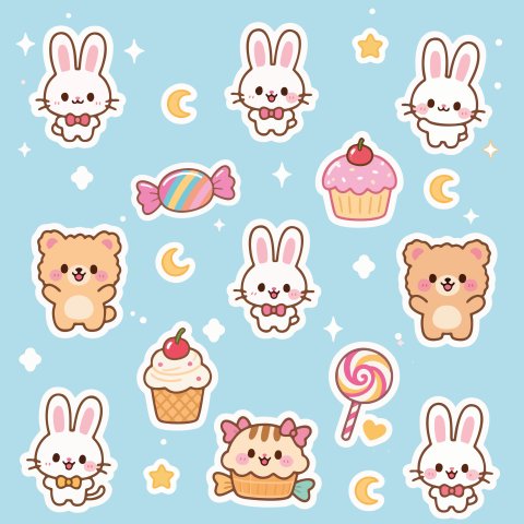 "Kawaii Hayvan Çıkartma Seti Vektör İllüstrasyonu